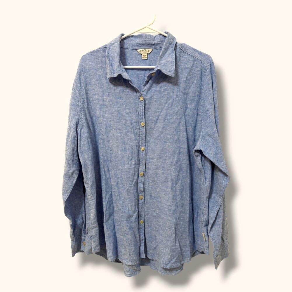 Orvis Shirt Womens XL Linen Blend Button Front Long Sleeve Light Blue